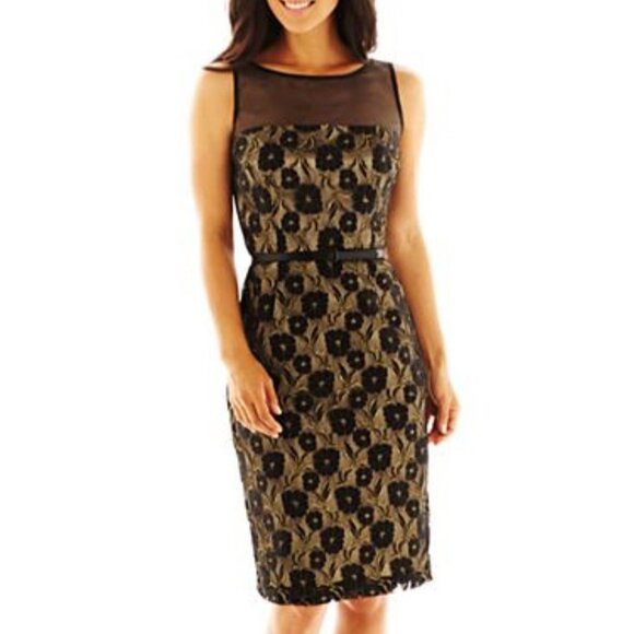 J Taylor Dress Black Gold 8 Lace Holiday Party Event Sheath Cruise Date Wedding - Picture 1 of 6